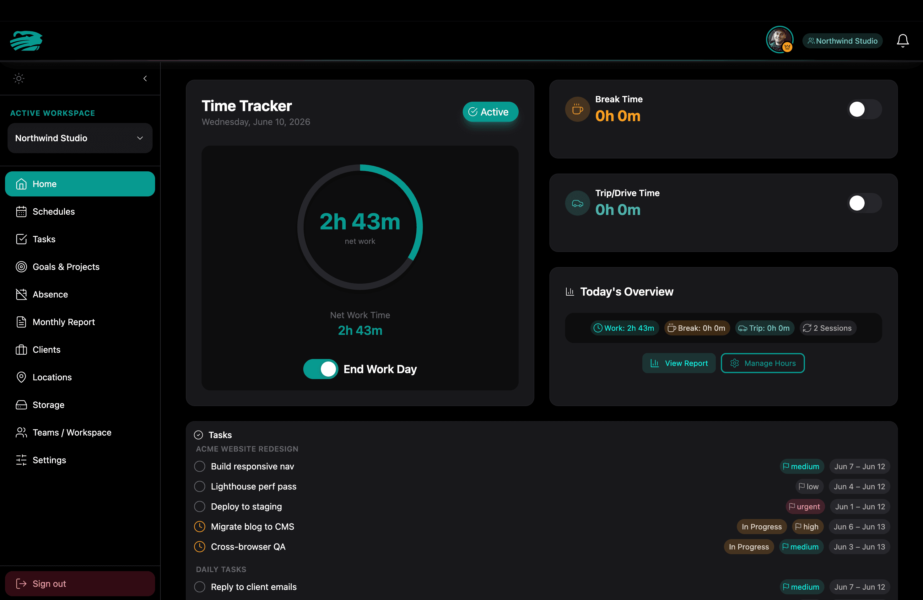 Clock-M dashboard with live timer