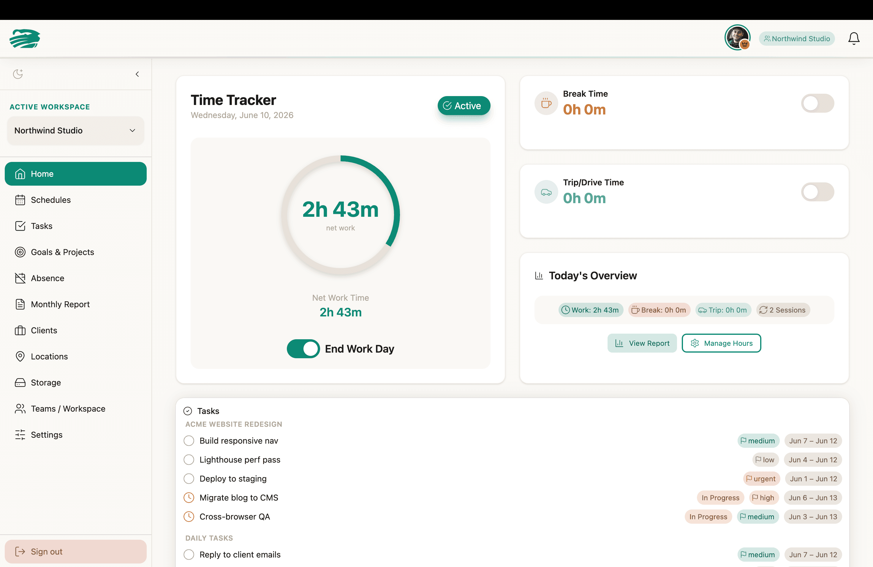 Clock-M dashboard in light theme