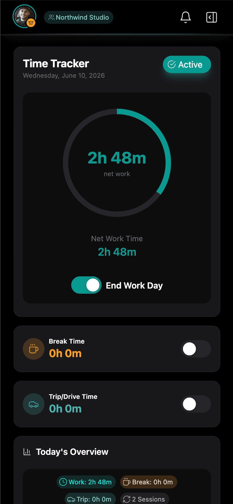 Clock-M dashboard with a live clock-in timer