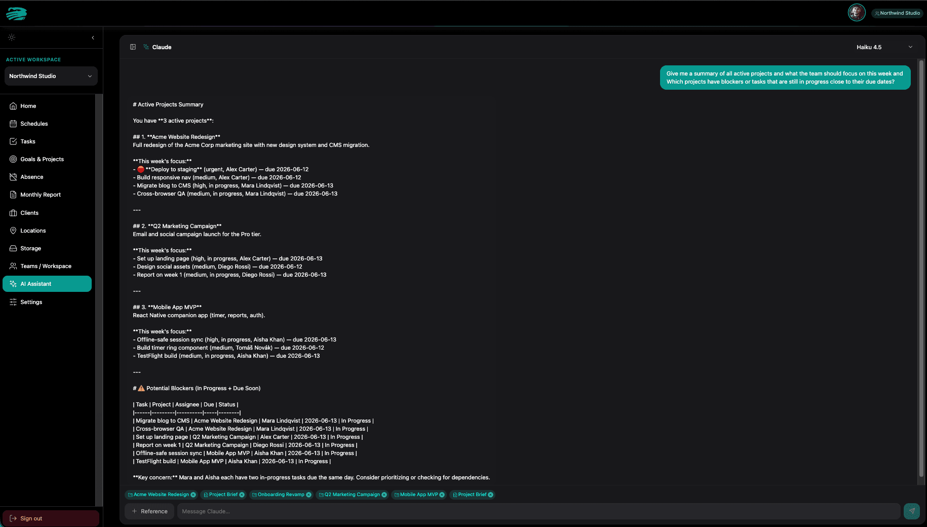 Clock-M AI assistant chat with a streamed project summary