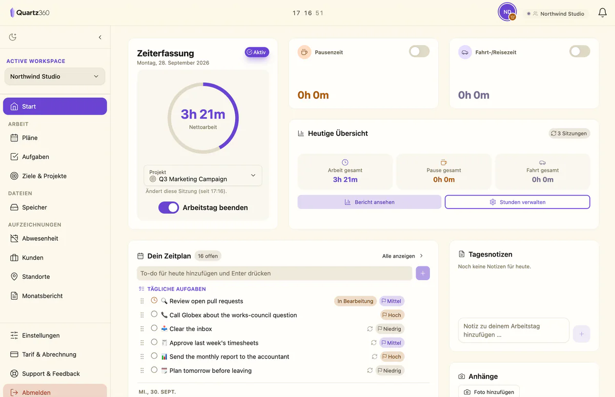 Quartz360 dashboard with the running timer, today's totals and the task list.