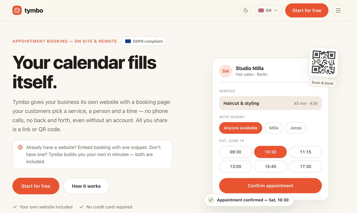 Tymbo landing page: the headline “Your calendar fills itself.” beside a sample booking card with a service, a team member and a time picked.